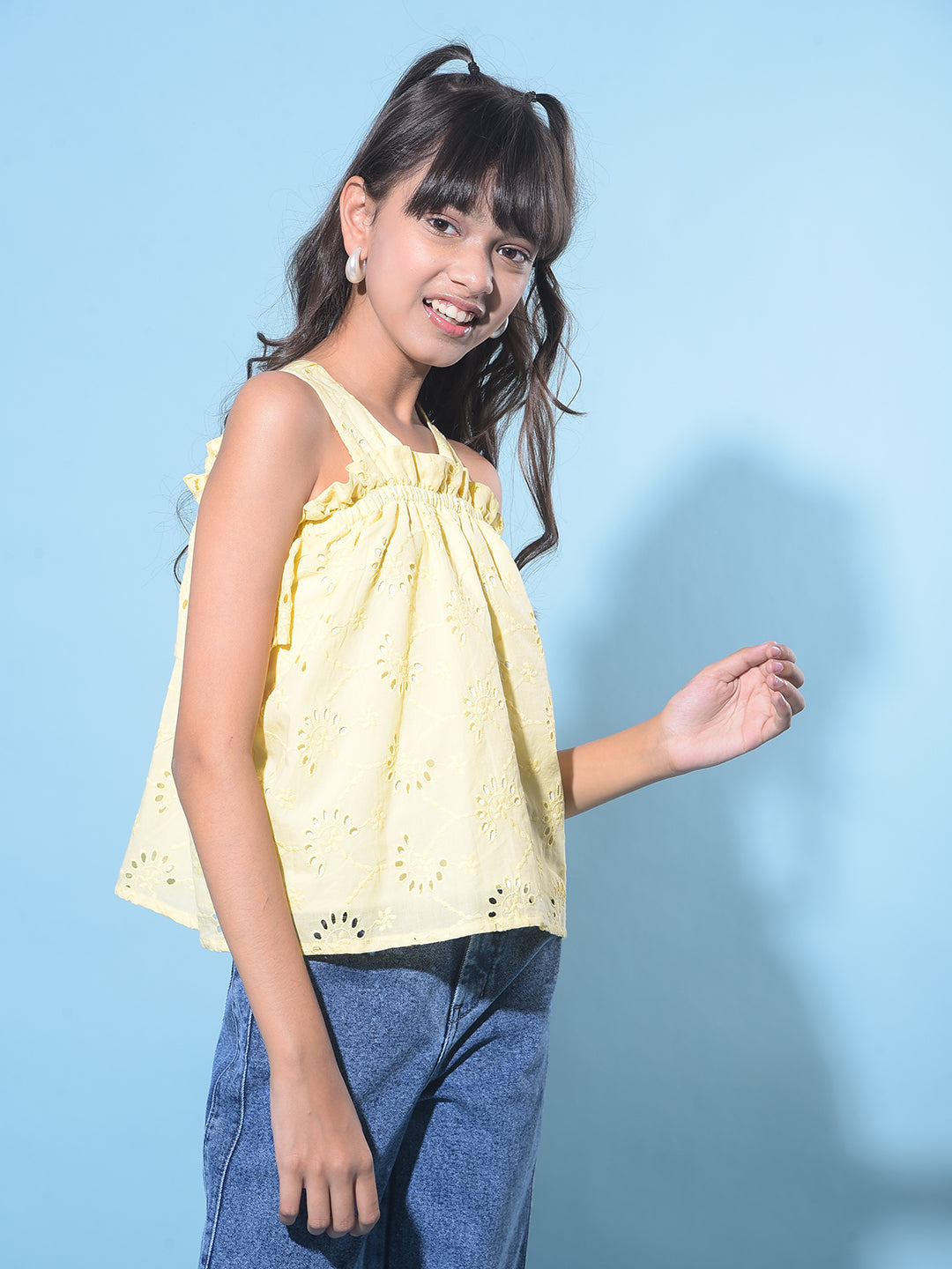 Yellow Embroidered 100% Cotton Top-Girls Tops-Crimsoune Club