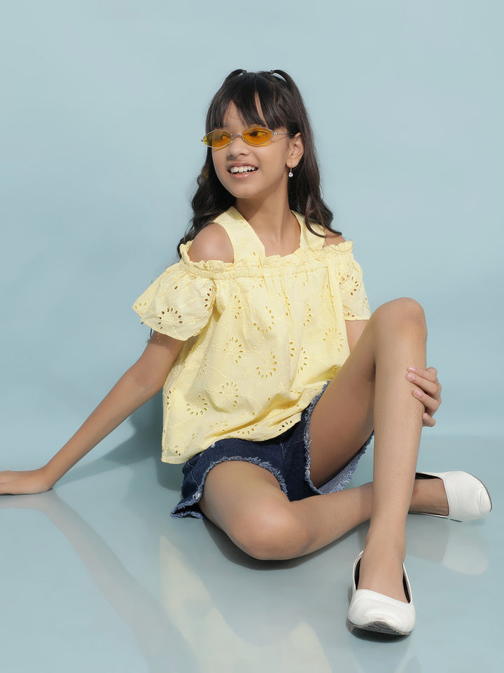 Yellow Embroidered 100% Cotton Top-Girls Tops-Crimsoune Club