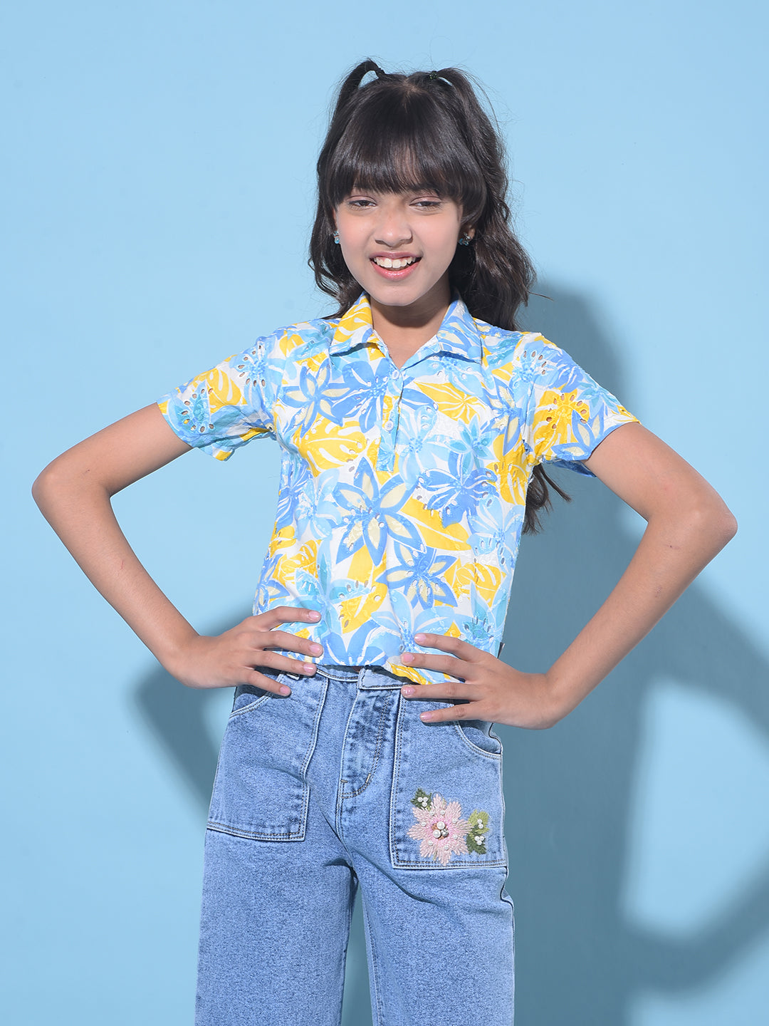 Yellow Floral Print 100% Cotton Crop Length Top-Girls Tops-Crimsoune Club