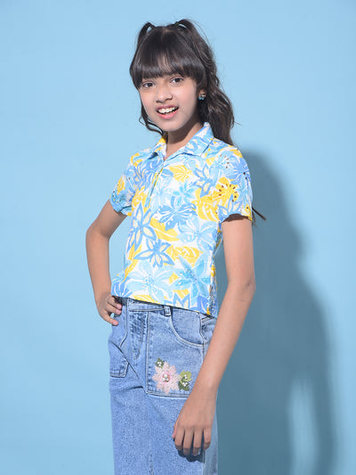 Yellow Floral Print 100% Cotton Crop Length Top-Girls Tops-Crimsoune Club