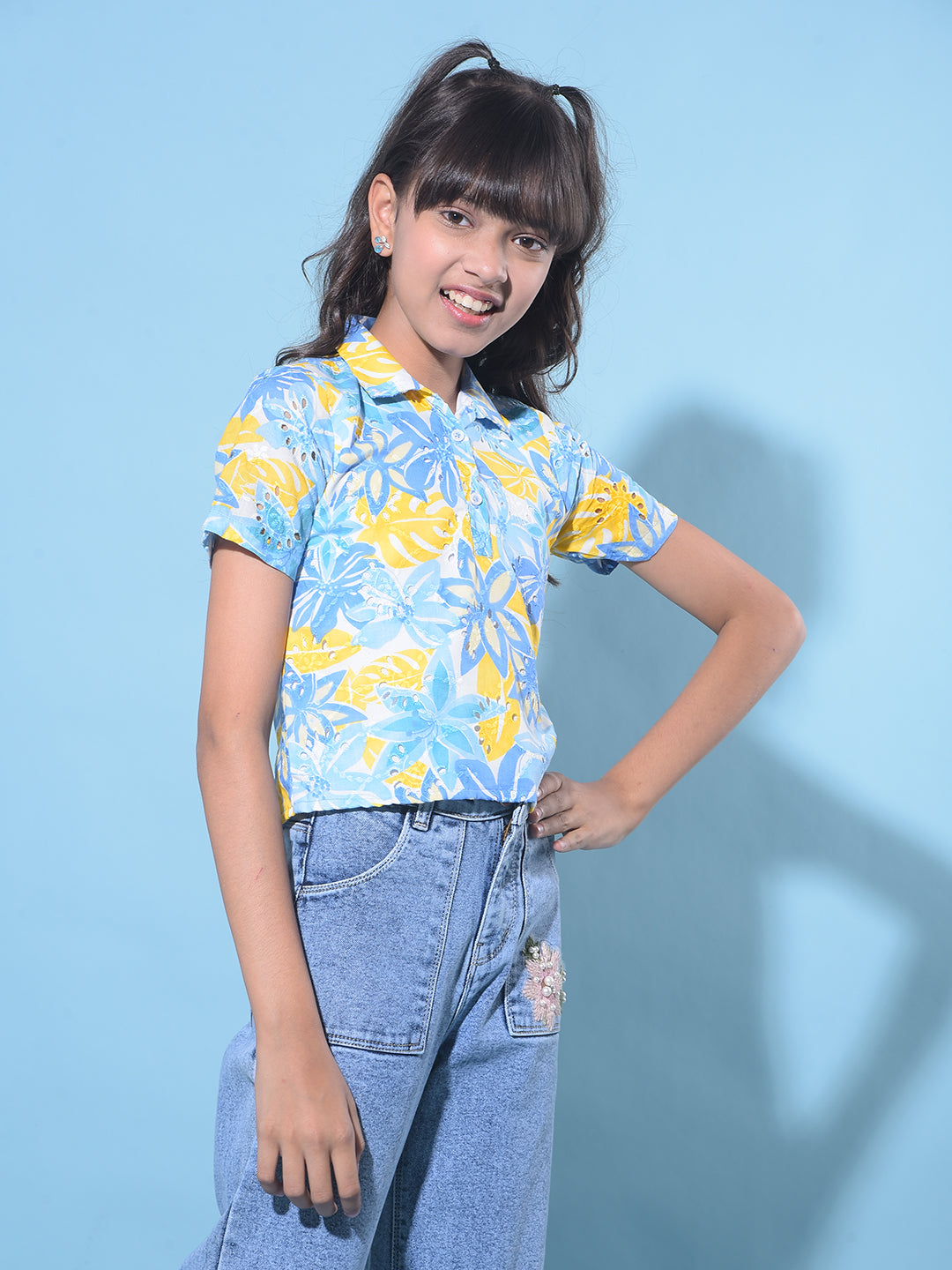 Yellow Floral Print 100% Cotton Crop Length Top-Girls Tops-Crimsoune Club