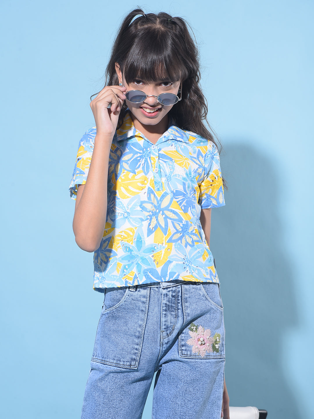 Yellow Floral Print 100% Cotton Crop Length Top-Girls Tops-Crimsoune Club