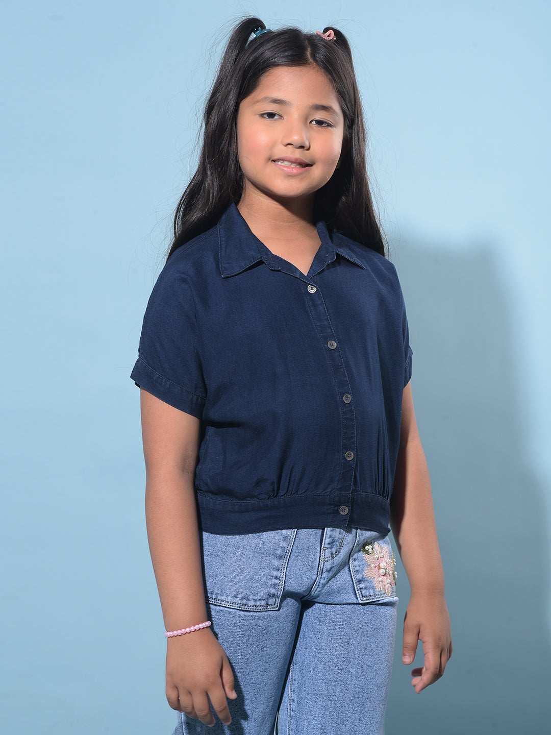 Navy Blue 100% Lyocell Top-Girls Tops-Crimsoune Club