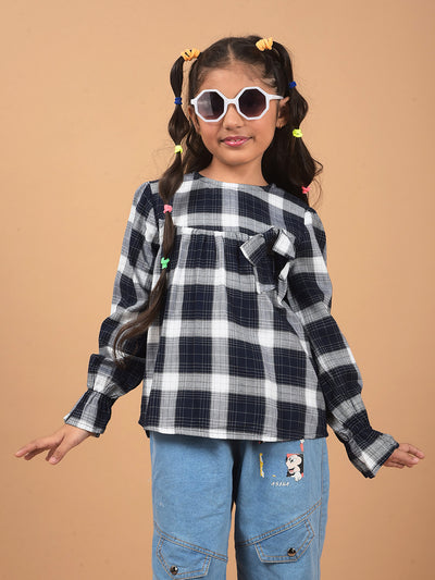 Navy Blue Checked Top-Girls Tops-Crimsoune Club