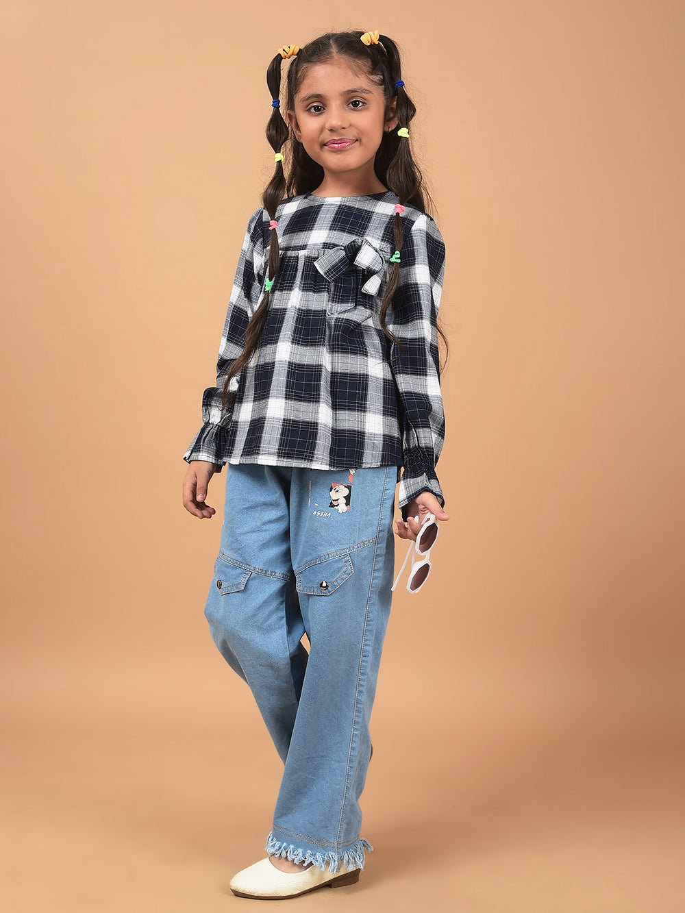 Navy Blue Checked Top-Girls Tops-Crimsoune Club