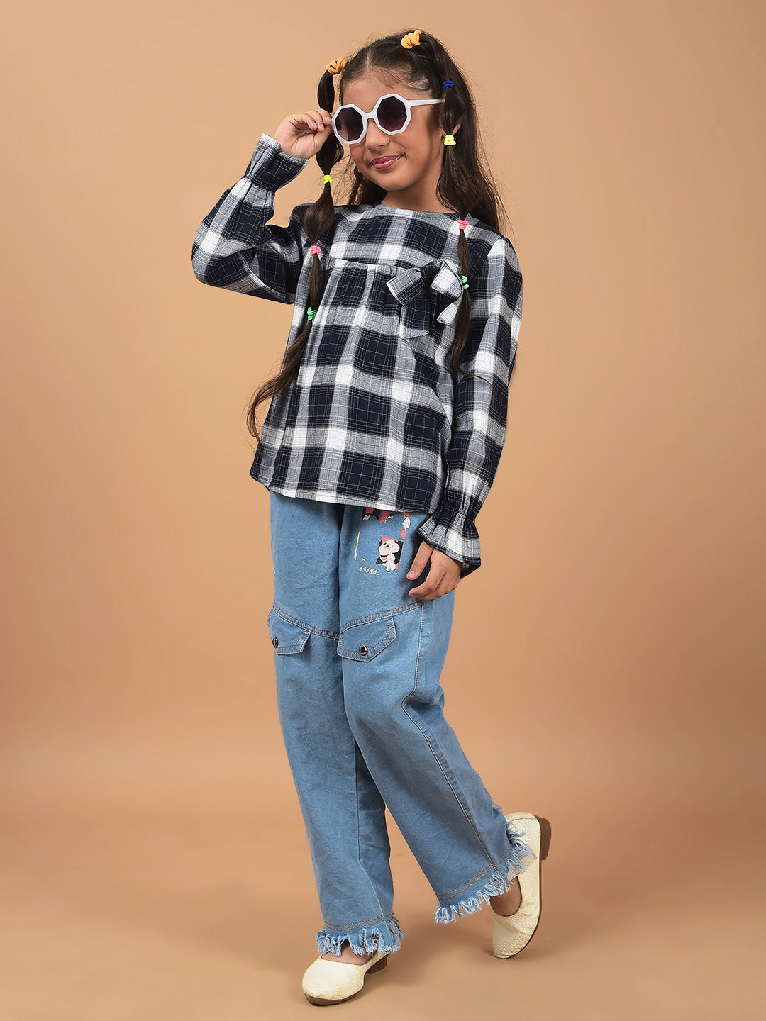 Navy Blue Checked Top-Girls Tops-Crimsoune Club