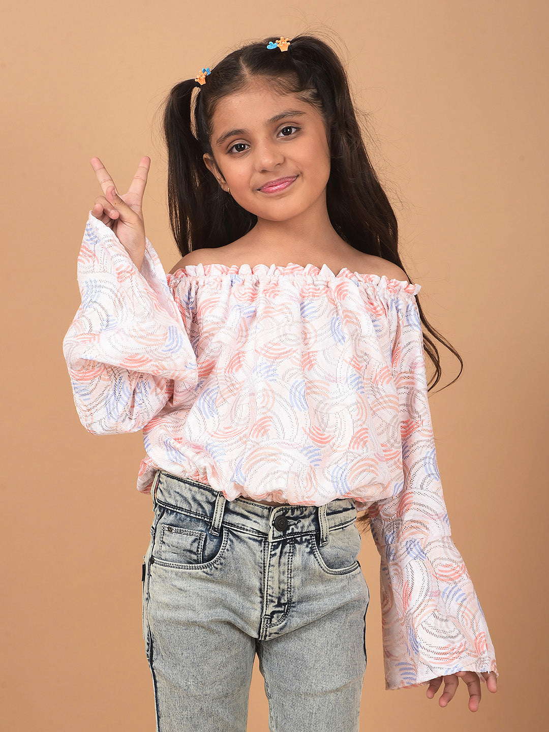 Peach Printed Off Shoulder Crop Length Top-Girls Tops-Crimsoune Club