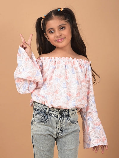 Peach Printed Off Shoulder Crop Length Top-Girls Tops-Crimsoune Club