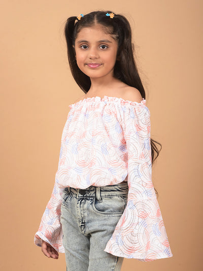 Peach Printed Off Shoulder Crop Length Top-Girls Tops-Crimsoune Club