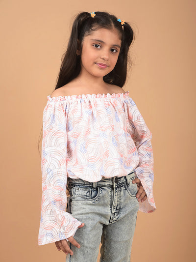 Peach Printed Off Shoulder Crop Length Top-Girls Tops-Crimsoune Club