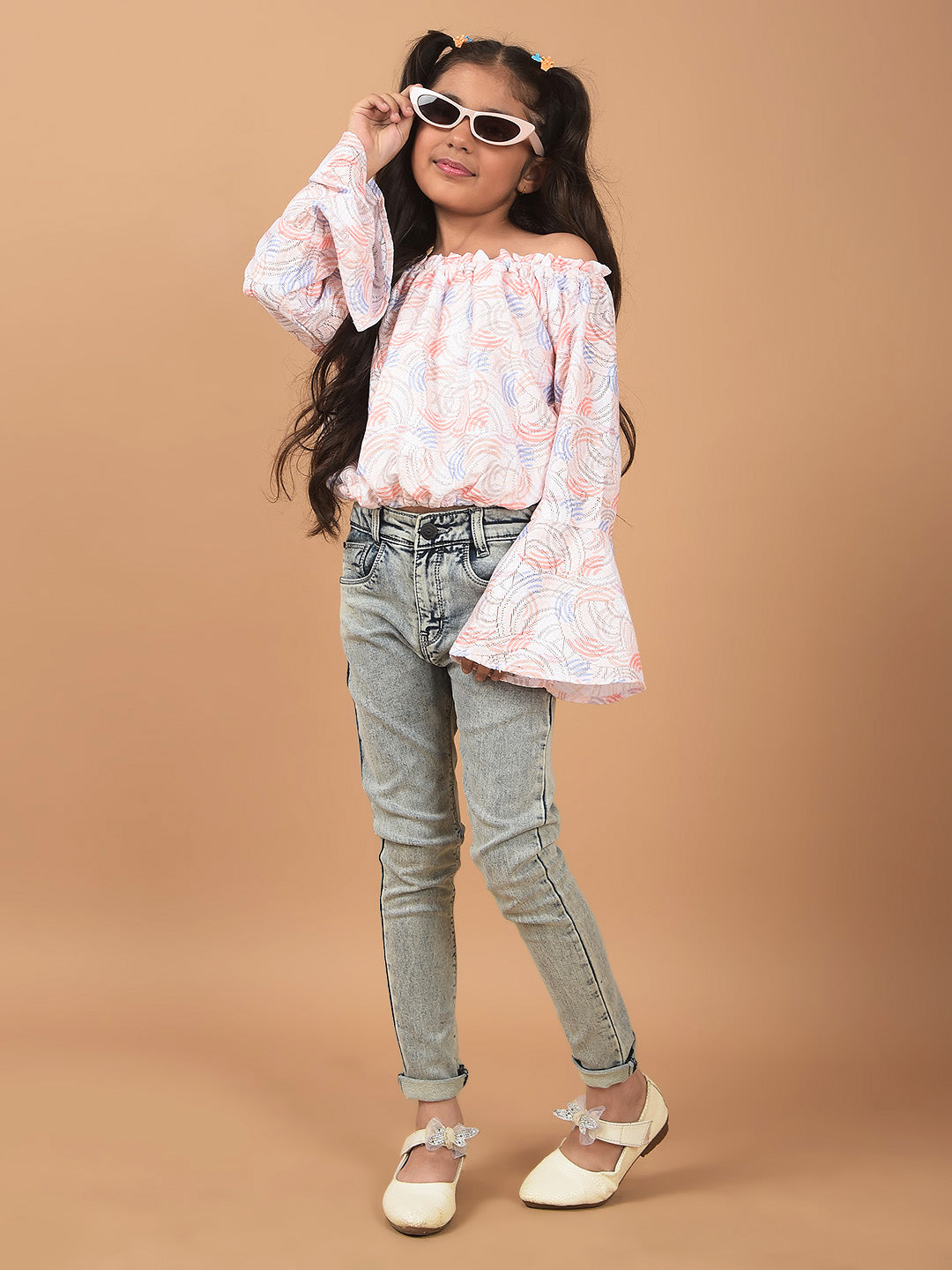 Peach Printed Off Shoulder Crop Length Top-Girls Tops-Crimsoune Club