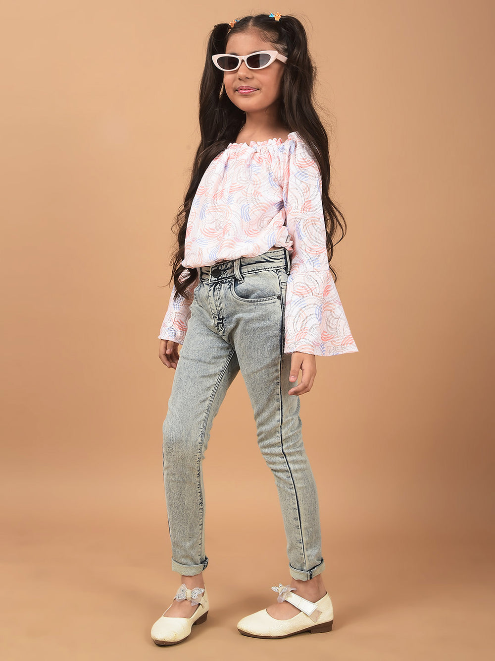 Peach Printed Off Shoulder Crop Length Top-Girls Tops-Crimsoune Club