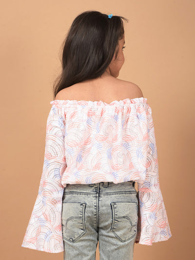 Peach Printed Off Shoulder Crop Length Top-Girls Tops-Crimsoune Club