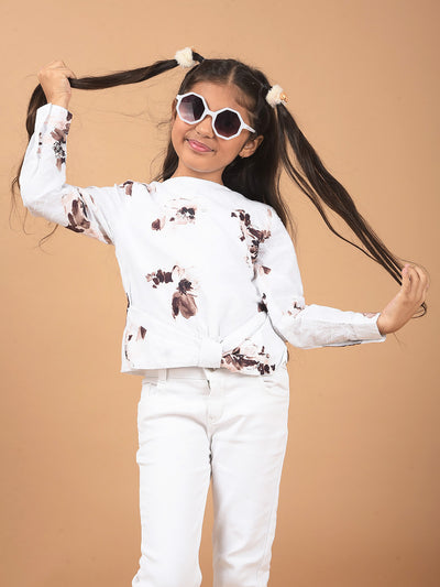 White Floral Print 100% Cotton Top-Girls Tops-Crimsoune Club