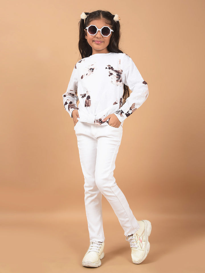 White Floral Print 100% Cotton Top-Girls Tops-Crimsoune Club