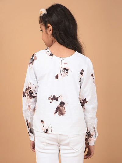 White Floral Print 100% Cotton Top-Girls Tops-Crimsoune Club
