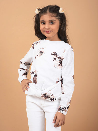 White Floral Print 100% Cotton Top-Girls Tops-Crimsoune Club