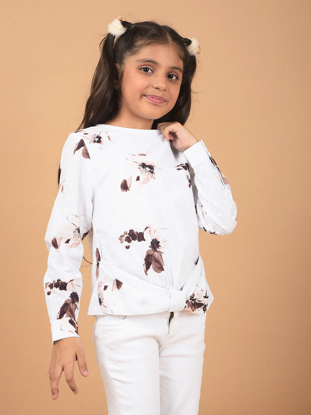 White Floral Print 100% Cotton Top-Girls Tops-Crimsoune Club