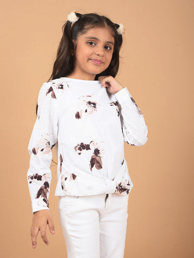 White Floral Print 100% Cotton Top-Girls Tops-Crimsoune Club