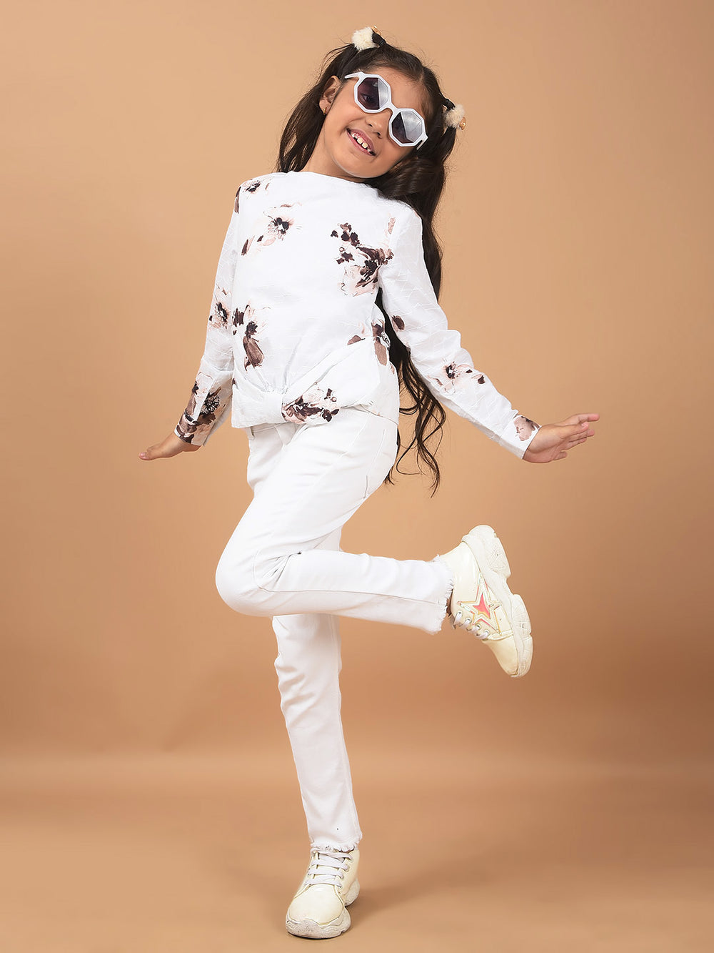 White Floral Print 100% Cotton Top-Girls Tops-Crimsoune Club