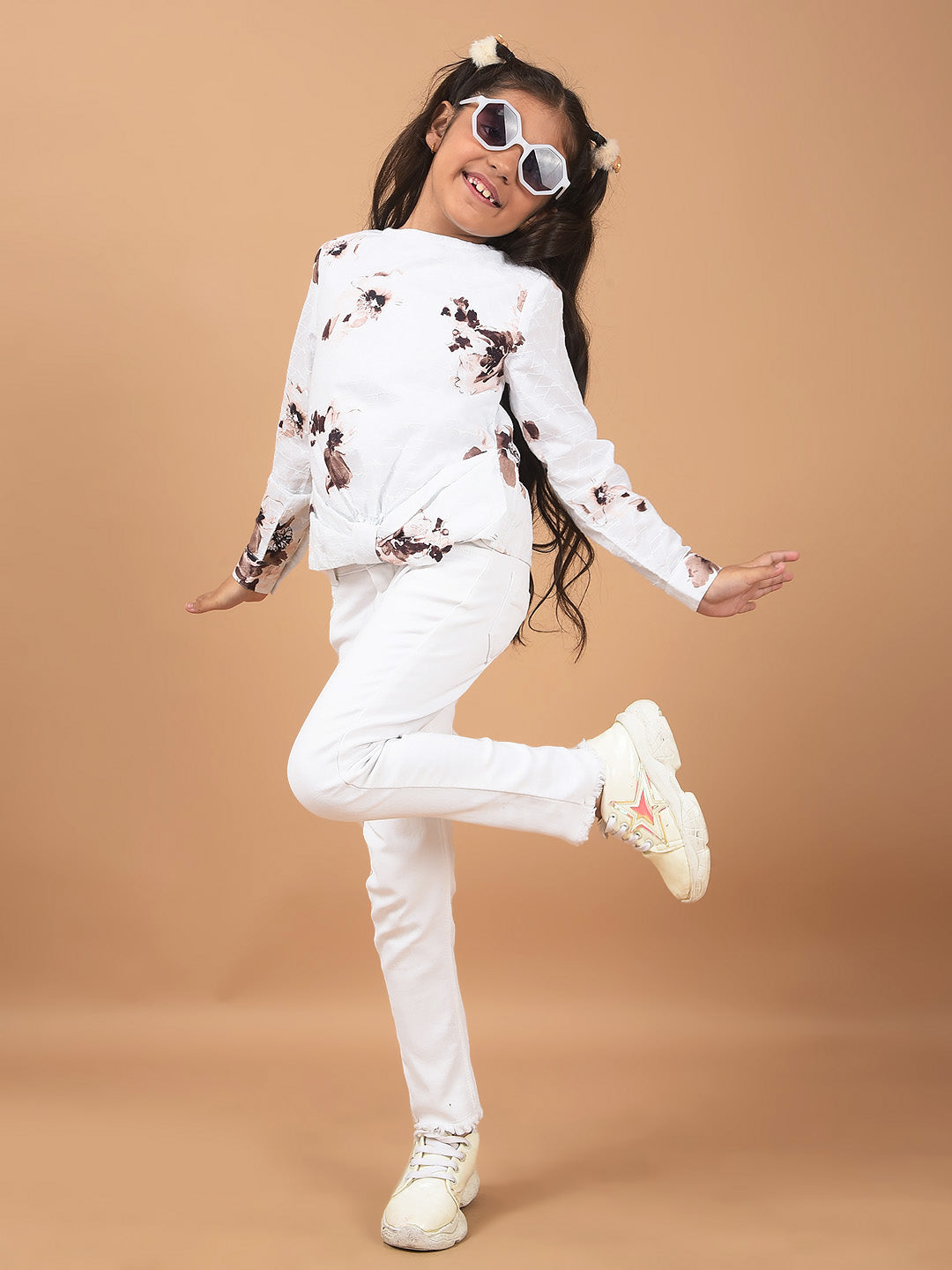 White Floral Print 100% Cotton Top-Girls Tops-Crimsoune Club