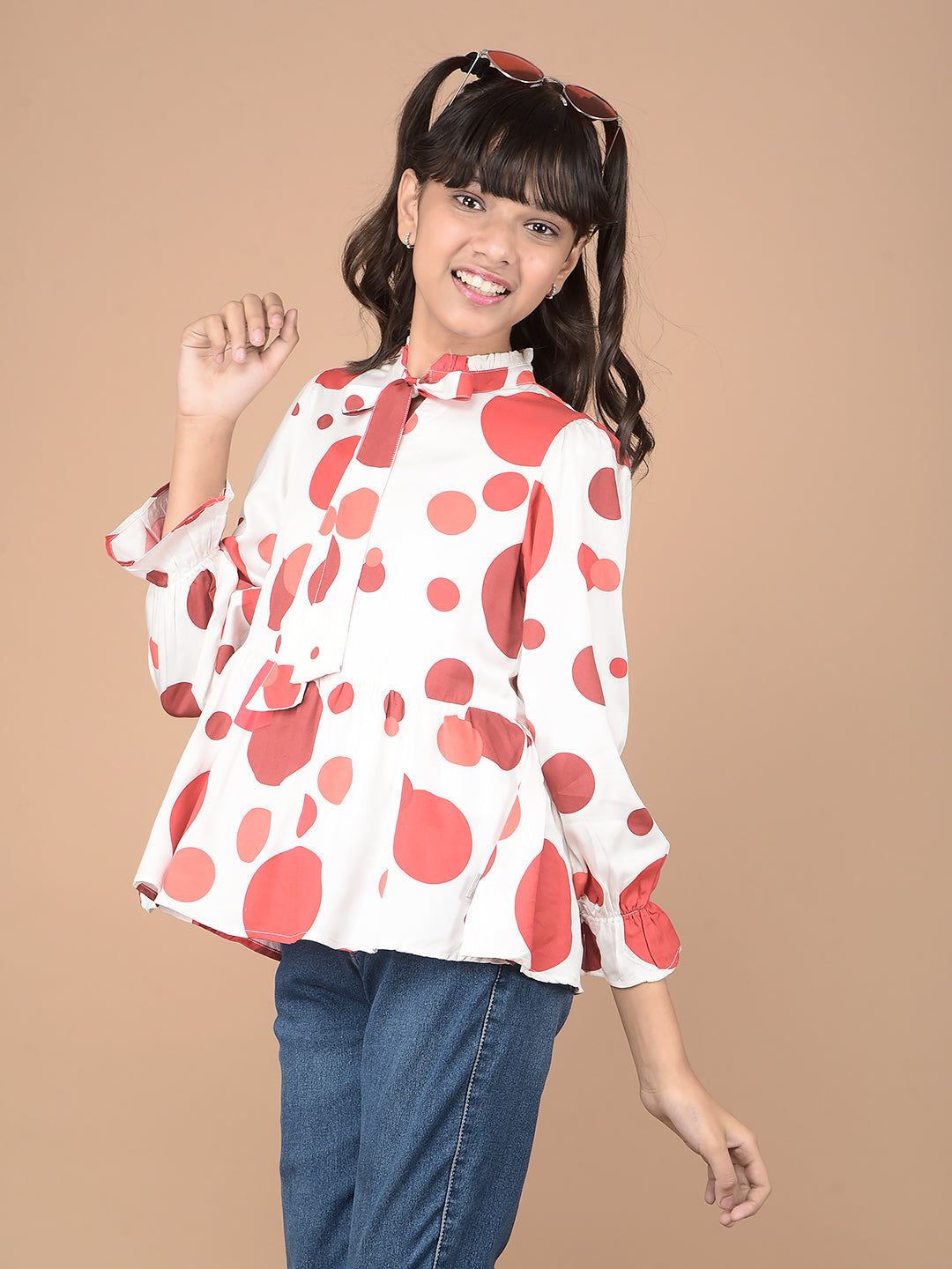 Red Polka Dots Tie-Up Neck Top-Girls Tops-Crimsoune Club