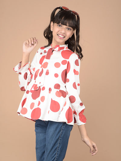 Red Polka Dots Tie-Up Neck Top-Girls Tops-Crimsoune Club