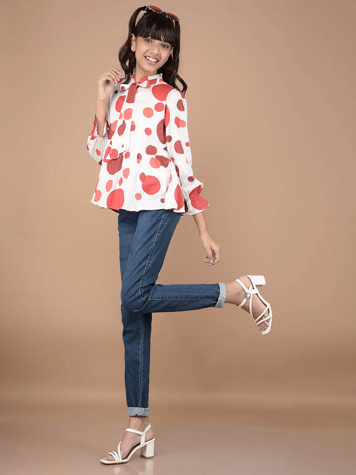 Red Polka Dots Tie-Up Neck Top-Girls Tops-Crimsoune Club