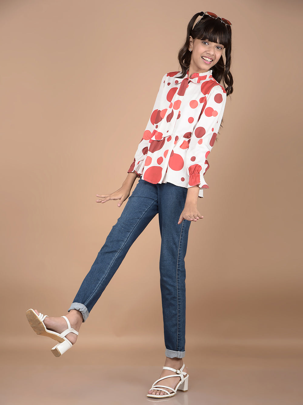 Red Polka Dots Tie-Up Neck Top-Girls Tops-Crimsoune Club