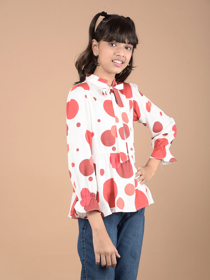 Red Polka Dots Tie-Up Neck Top-Girls Tops-Crimsoune Club