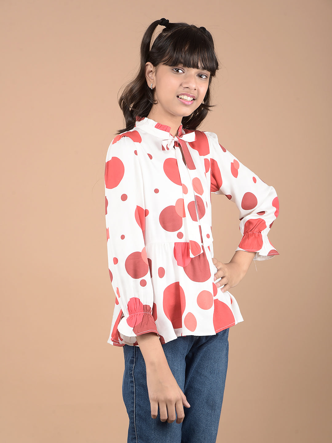 Red Polka Dots Tie-Up Neck Top-Girls Tops-Crimsoune Club