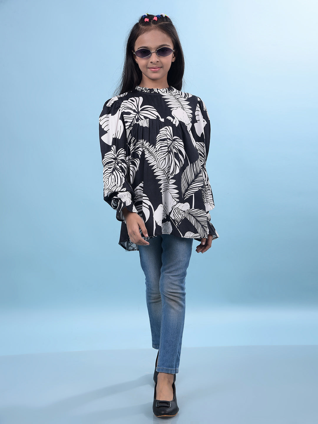 Black Floral Print 100% Lyocell Top-Girls Tops-Crimsoune Club