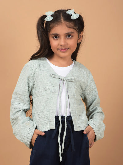 Green Printed Crop Length Tie-Up Neck Top-Girls Tops-Crimsoune Club