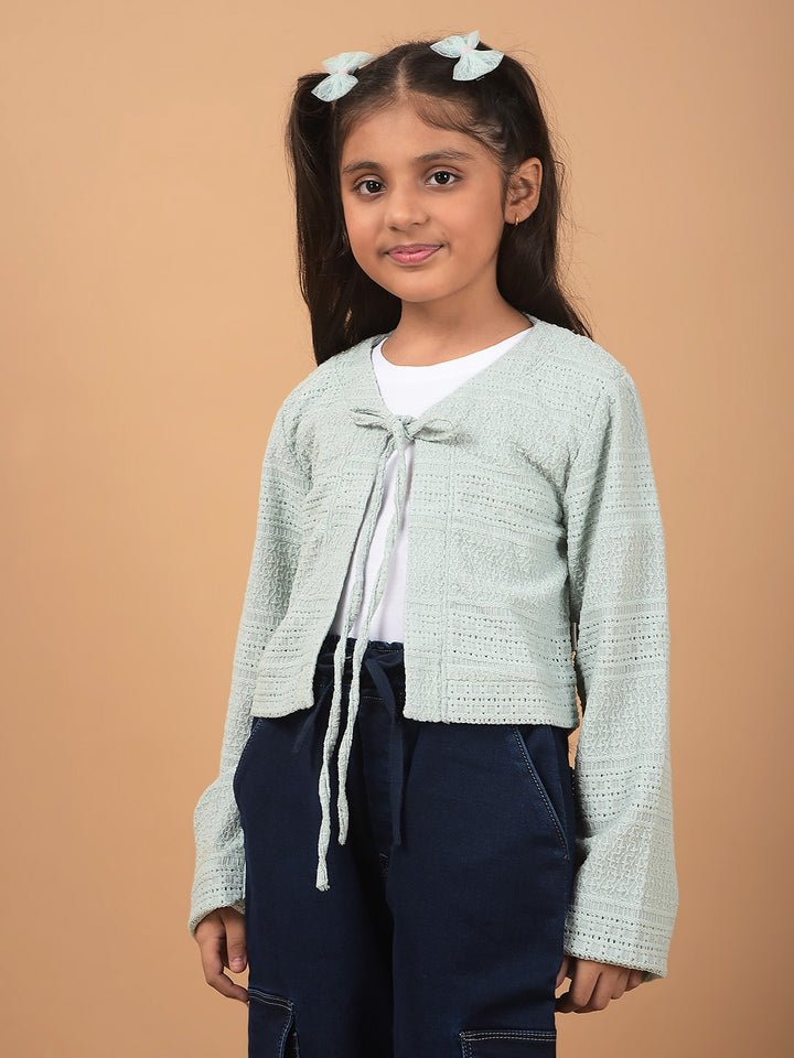 Green Printed Crop Length Tie-Up Neck Top-Girls Tops-Crimsoune Club