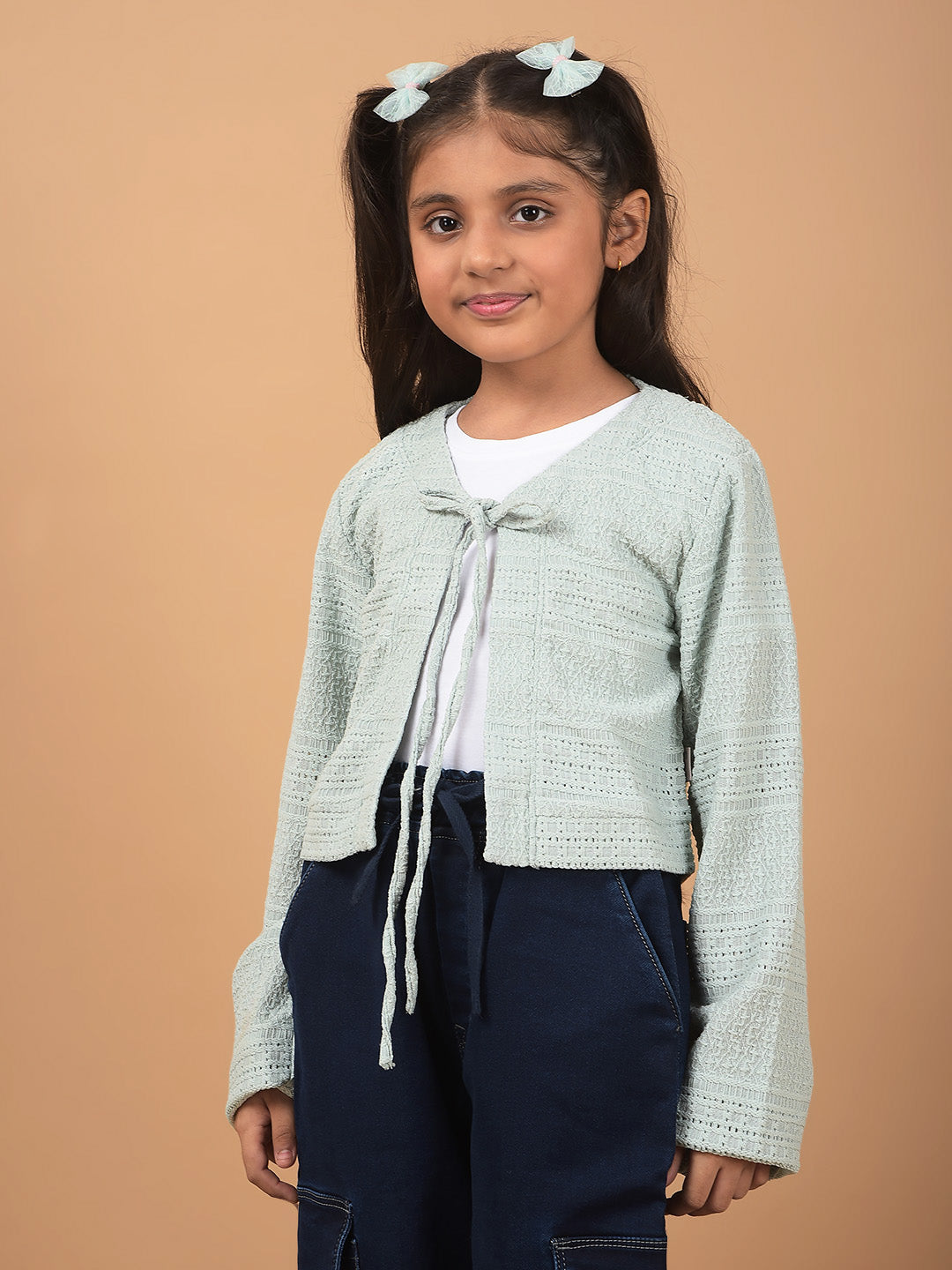 Green Printed Crop Length Tie-Up Neck Top-Girls Tops-Crimsoune Club