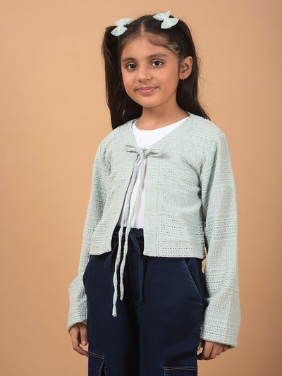 Green Printed Crop Length Tie-Up Neck Top-Girls Tops-Crimsoune Club
