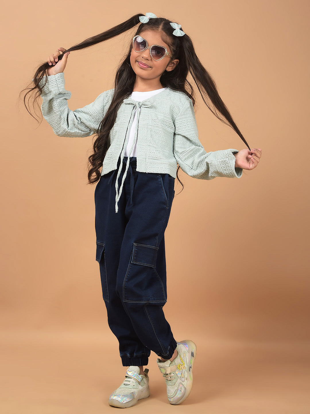 Green Printed Crop Length Tie-Up Neck Top-Girls Tops-Crimsoune Club