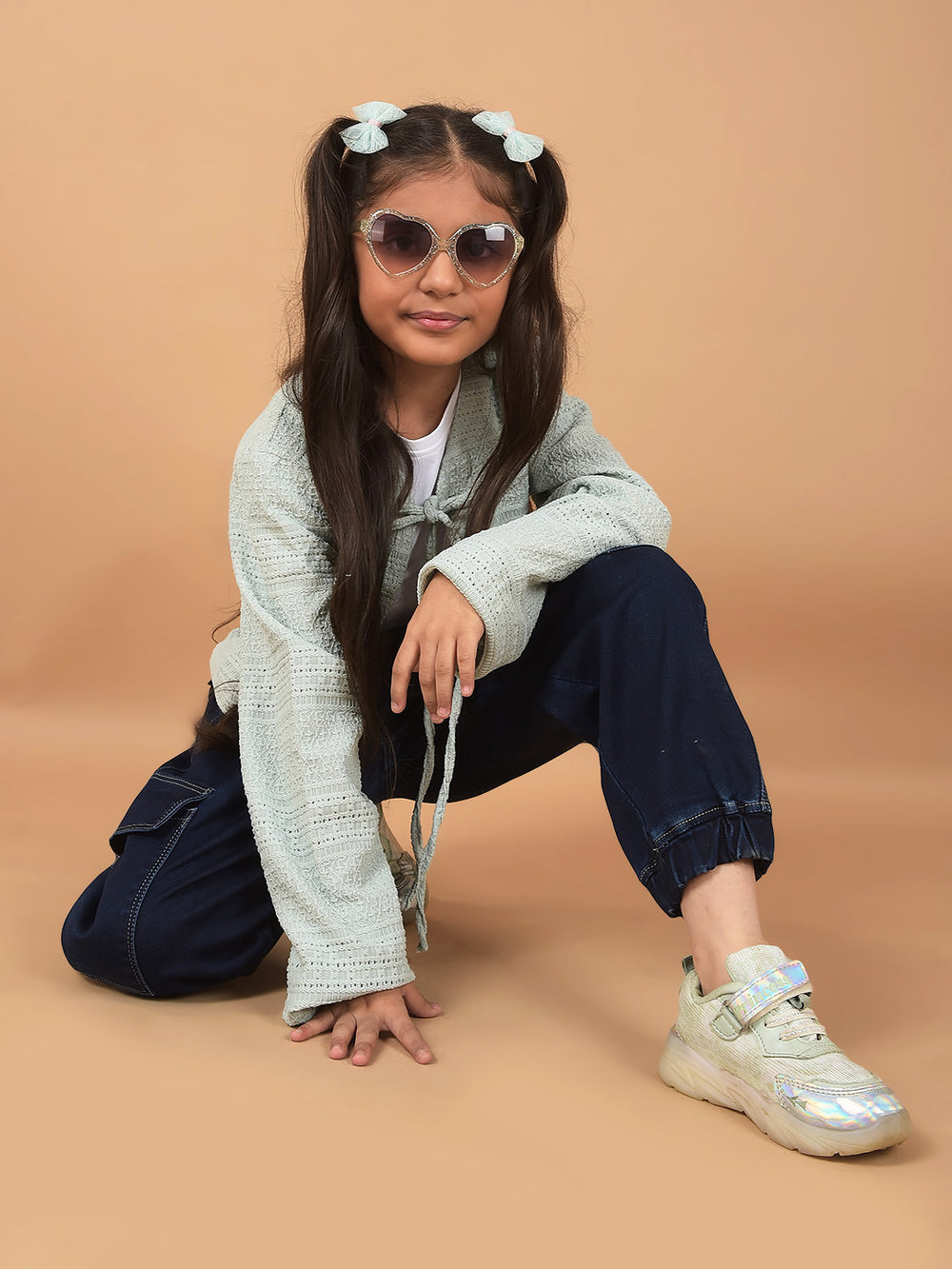 Green Printed Crop Length Tie-Up Neck Top-Girls Tops-Crimsoune Club