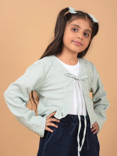 Green Printed Crop Length Tie-Up Neck Top-Girls Tops-Crimsoune Club