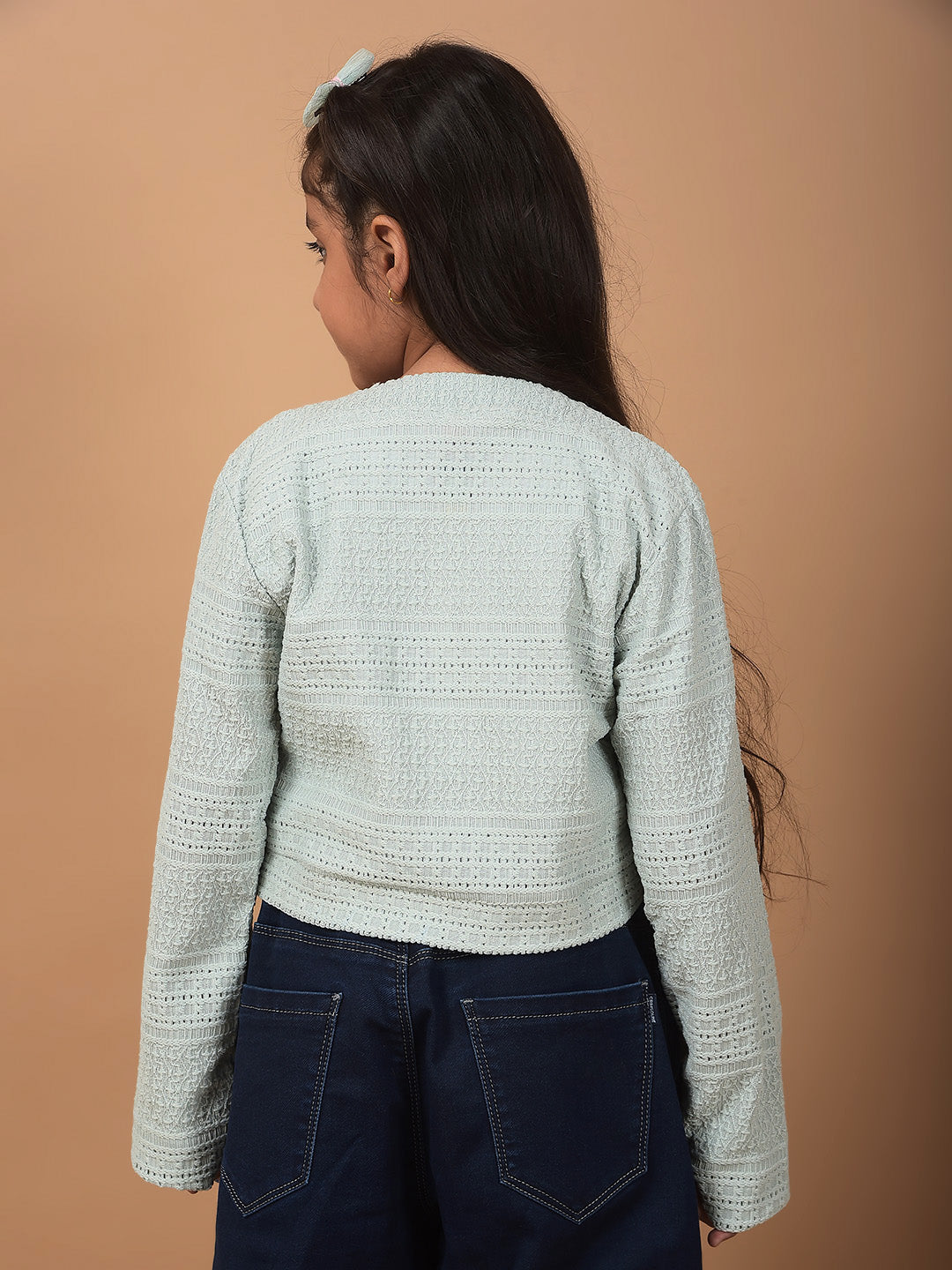 Green Printed Crop Length Tie-Up Neck Top-Girls Tops-Crimsoune Club