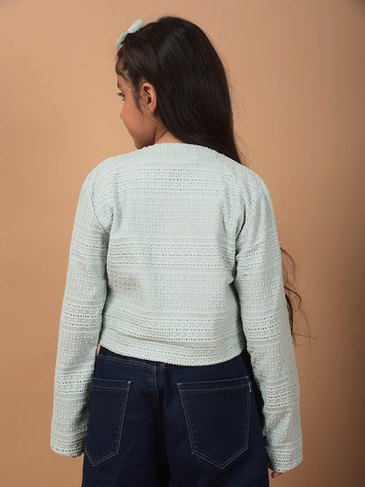 Green Printed Crop Length Tie-Up Neck Top-Girls Tops-Crimsoune Club