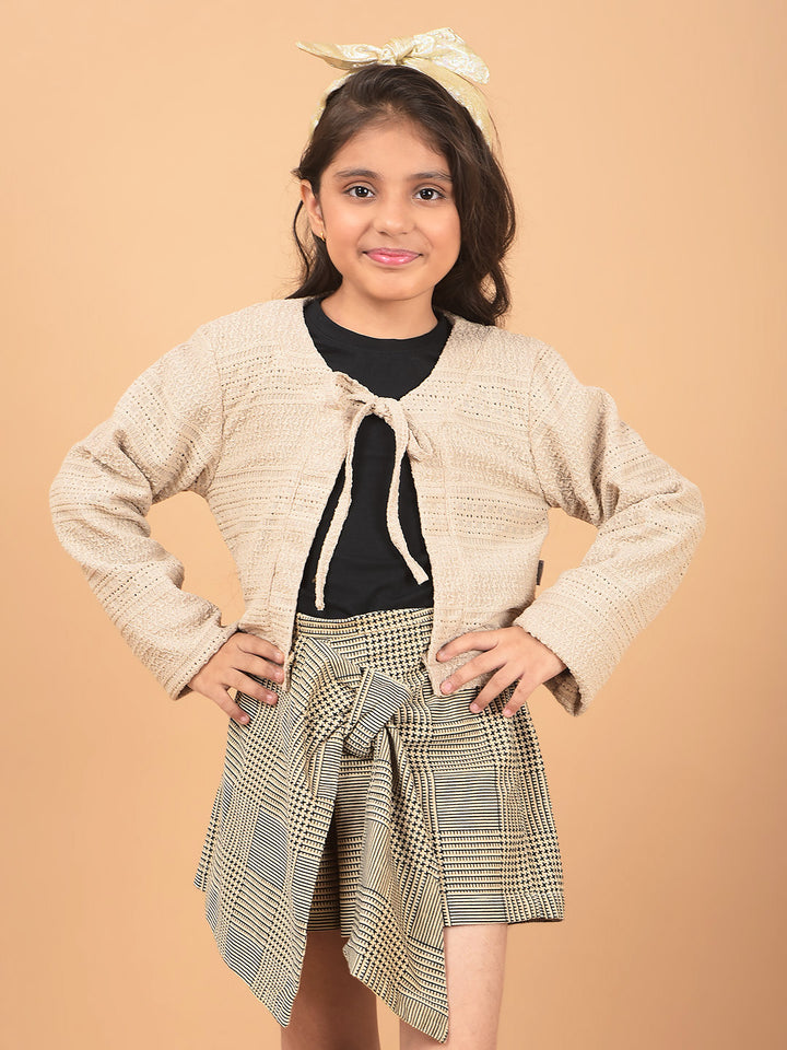 Beige Printed Crop Length Tie-Up Neck Top-Girls Tops-Crimsoune Club