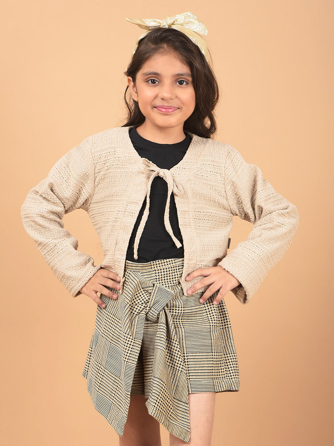 Beige Printed Crop Length Tie-Up Neck Top-Girls Tops-Crimsoune Club