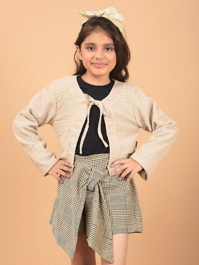 Beige Printed Crop Length Tie-Up Neck Top-Girls Tops-Crimsoune Club