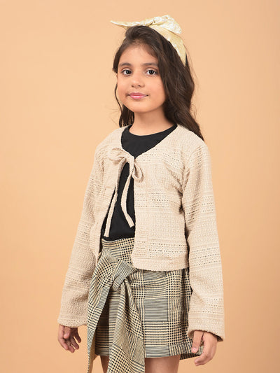 Beige Printed Crop Length Tie-Up Neck Top-Girls Tops-Crimsoune Club