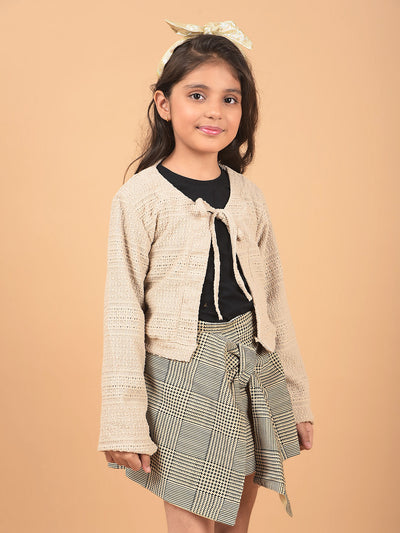 Beige Printed Crop Length Tie-Up Neck Top-Girls Tops-Crimsoune Club