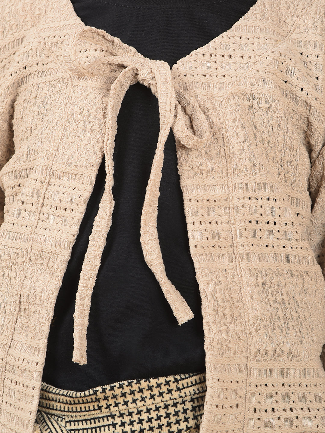 Beige Printed Crop Length Tie-Up Neck Top-Girls Tops-Crimsoune Club