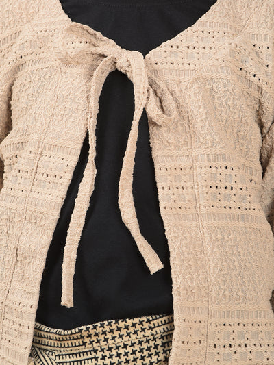 Beige Printed Crop Length Tie-Up Neck Top-Girls Tops-Crimsoune Club