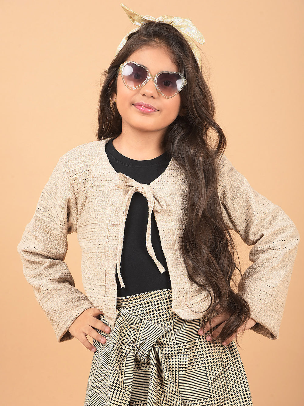 Beige Printed Crop Length Tie-Up Neck Top-Girls Tops-Crimsoune Club