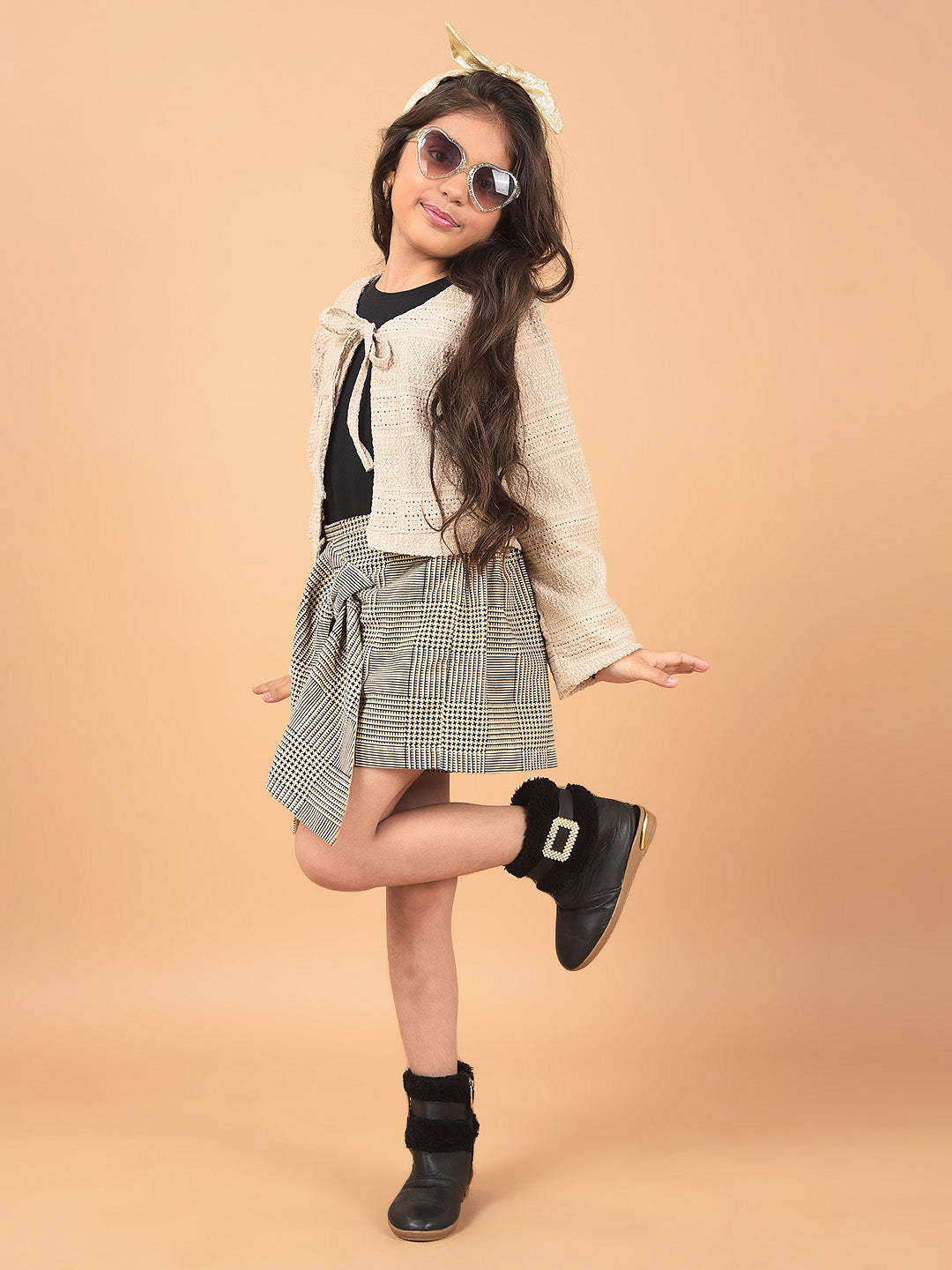 Beige Printed Crop Length Tie-Up Neck Top-Girls Tops-Crimsoune Club